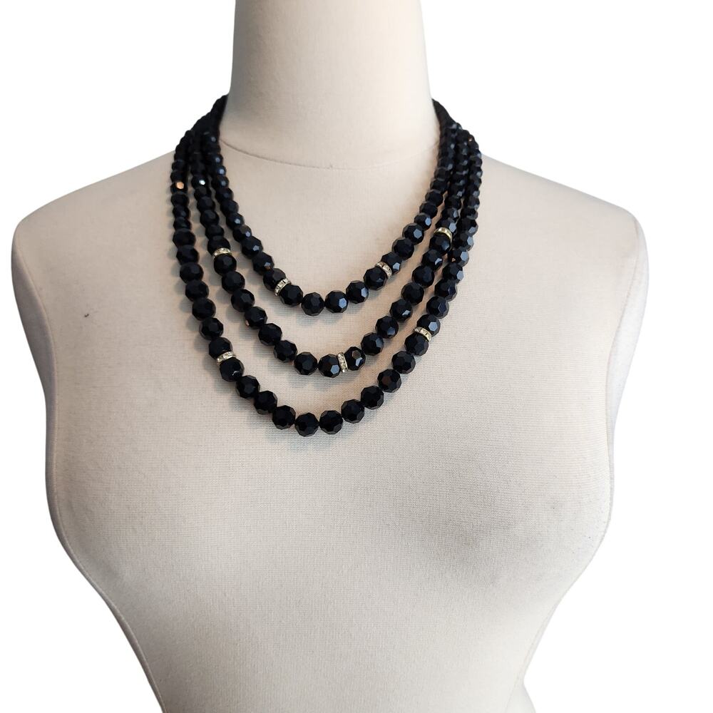 Faceted Black Beaded Multi-Strand Necklace with Rhinestone Accents